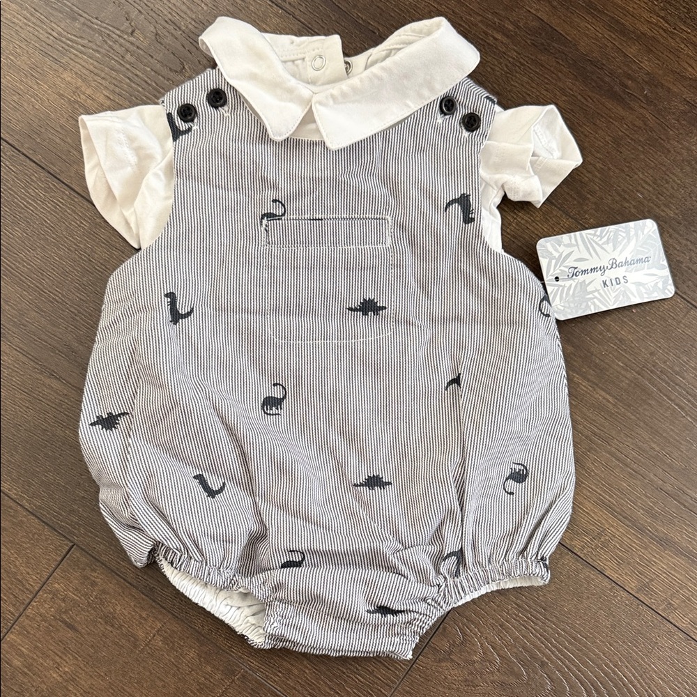 Tommy Bahama Kids Navy Seersucker Dino Romper - Collar